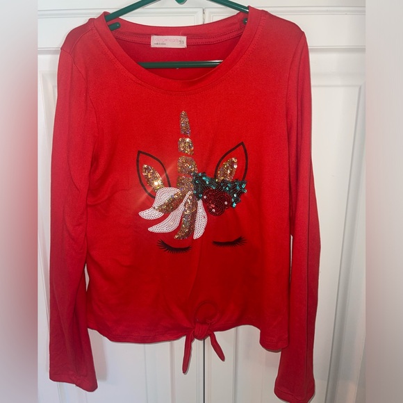 Young hearts Girls Unicorn Sequins Christmas Shirt Tie Bottom sz 7/8‎ - Picture 1 of 8